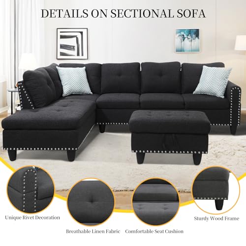 L Shaped Sectional Couch with Recliner and Storage Ottoman, Charcoal Grey R859535