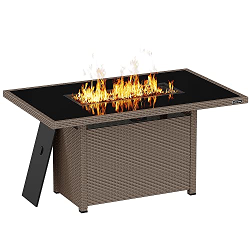 EAST OAK 44'' Propane Fire Pit Table, 60,000 BTU Gas Fire Table w/Aluminum Frame, H Type Burner and Tempered Glass Tabletop, CSA Listed Outdoor Patio Firepit with Wind Guard, Fire Glass and Lid, Grey