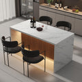 63" Large Imitation Marble Dining Table for 4-6 People, Island Table with LED Lights, Mordern Marble Stripes Kitchen Dining Table with Grille design for Dining Room, Home, Office, Living Room（White）