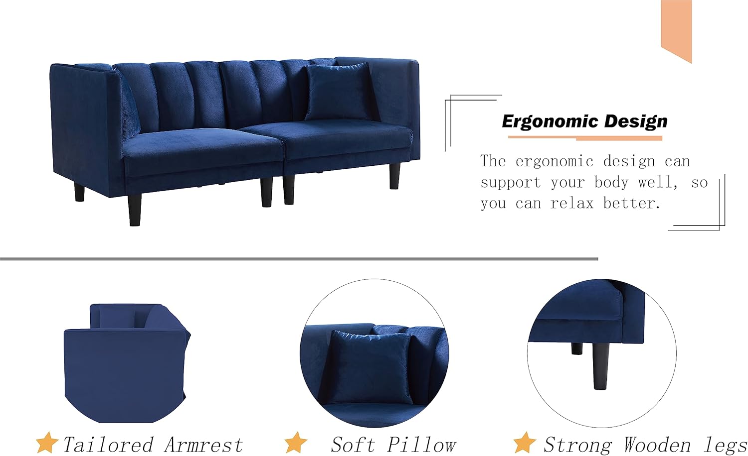 Tufted Split Back Futon Bed, Velvet Convertible Loveseat Sleeper, Navy Blue R338079