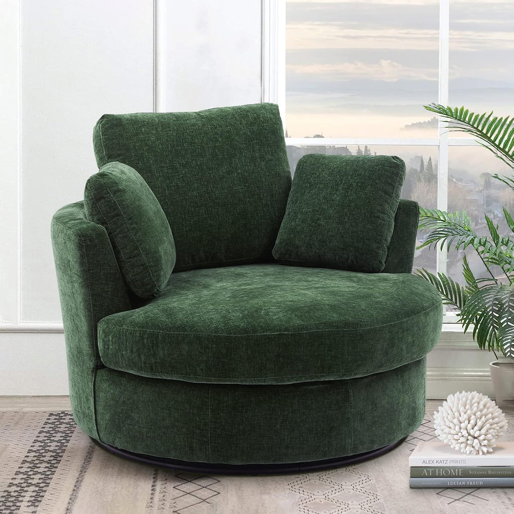 Oversized Swivel Chair Living Room Lounge, Modern Round Swivel Barrel Chair Bedrooms Club Chairs Boucle Upholstered Circle Big Accent Corner Chair with 3 Pillows(Green Chenille)