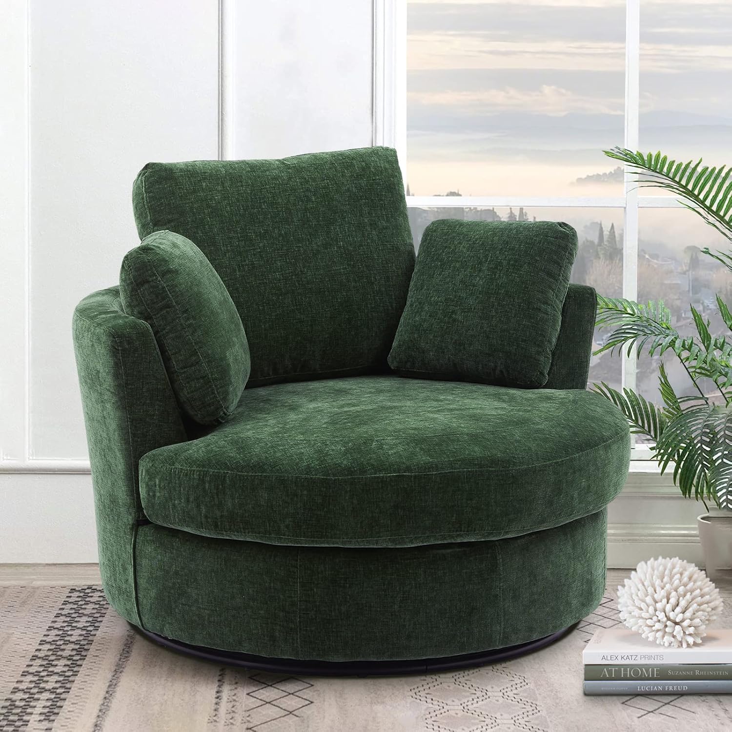 Oversized Swivel Chair Living Room Lounge, Modern Round Swivel Barrel Chair Bedrooms Club Chairs Boucle Upholstered Circle Big Accent Corner Chair with 3 Pillows(Green Chenille)