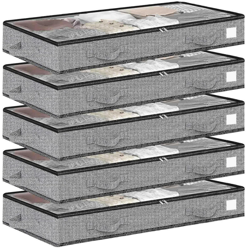 5Pack under bed storage Transparent plastic visual window containers Below bins 4.5 Inches Low Profile Under Organizer Clothes bag with Sturdy Sidewalls and Bottom