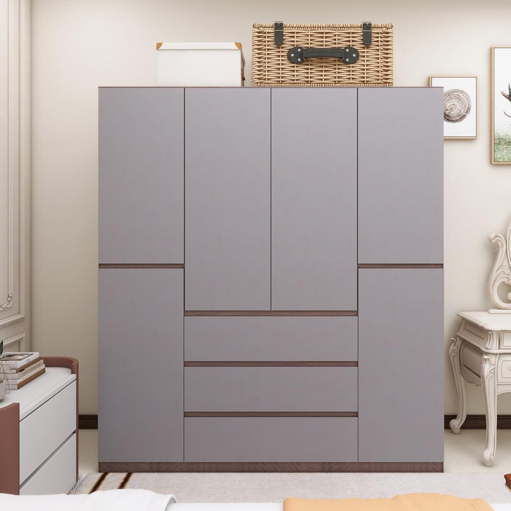 Wooden Armoire Wardrobe Closet, 4-Door 3 Drawers Gray Closet Cabinet for Large Capacity, Armoires and Wardrobes Closet for Hanging Clothes with Hanging Rod 63" L x 20.3" W x 72" H