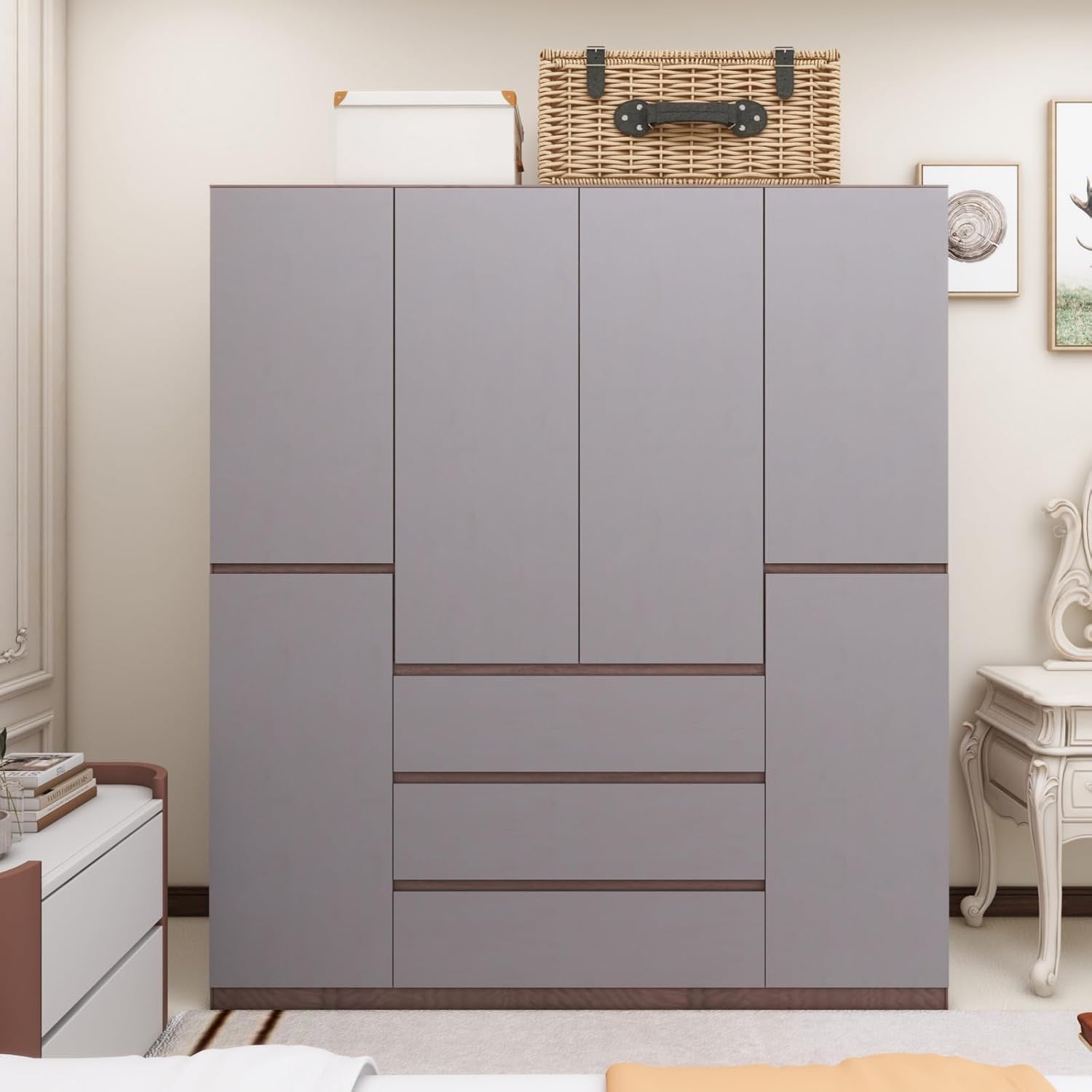 Wooden Armoire Wardrobe Closet, 4-Door 3 Drawers Gray Closet Cabinet for Large Capacity, Armoires and Wardrobes Closet for Hanging Clothes with Hanging Rod 63" L x 20.3" W x 72" H