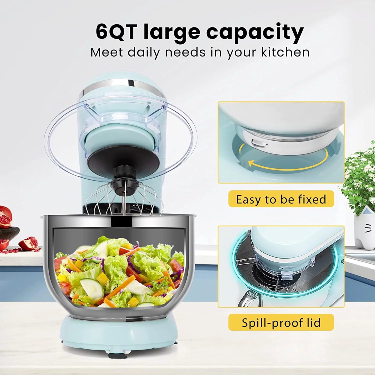 Stand Mixer, 660W 10 Speed 6 Quart Tilt-Head Electric Food Mixer with Beater, Dough Hook, Wire Whip E769