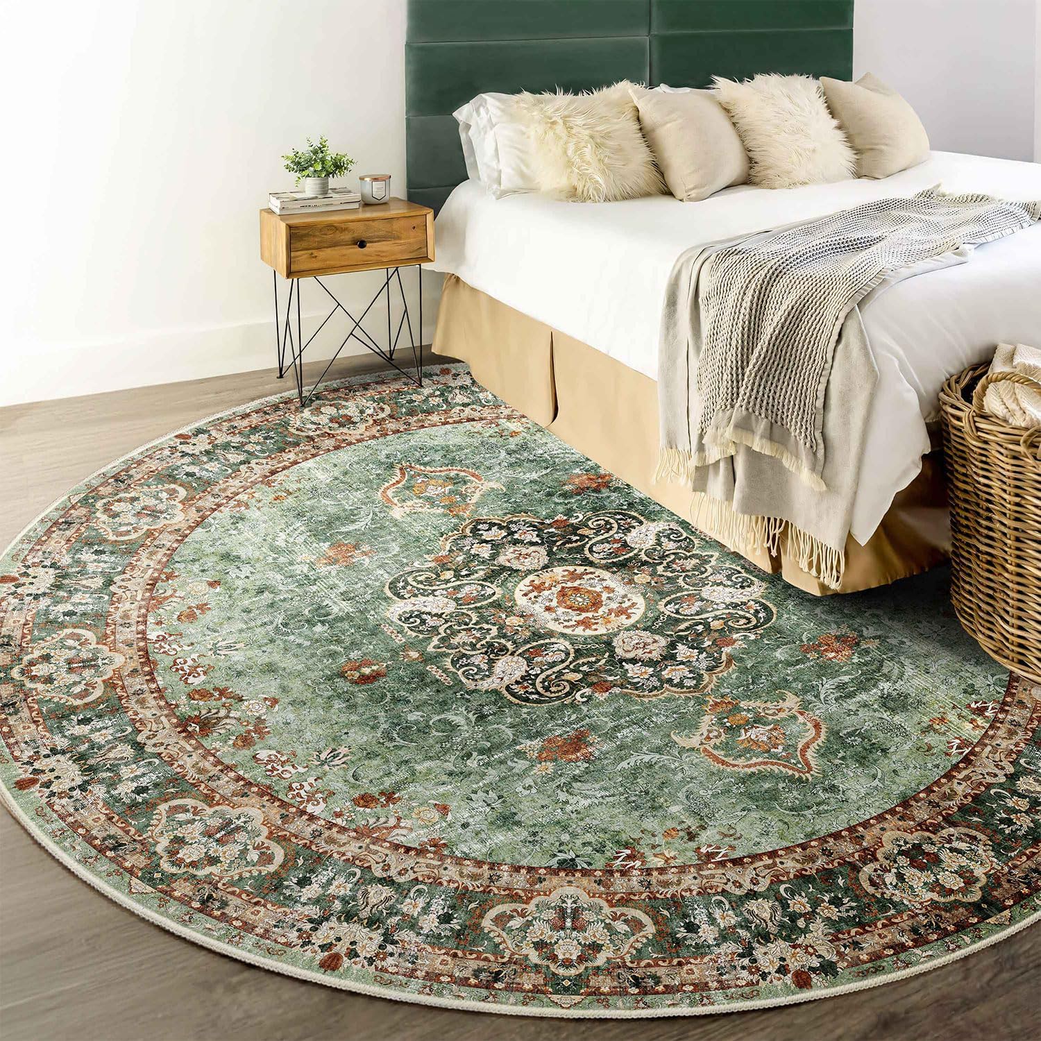 Sage Green Round Rug 6ft Washable Non Slip Circle Carpet M6739