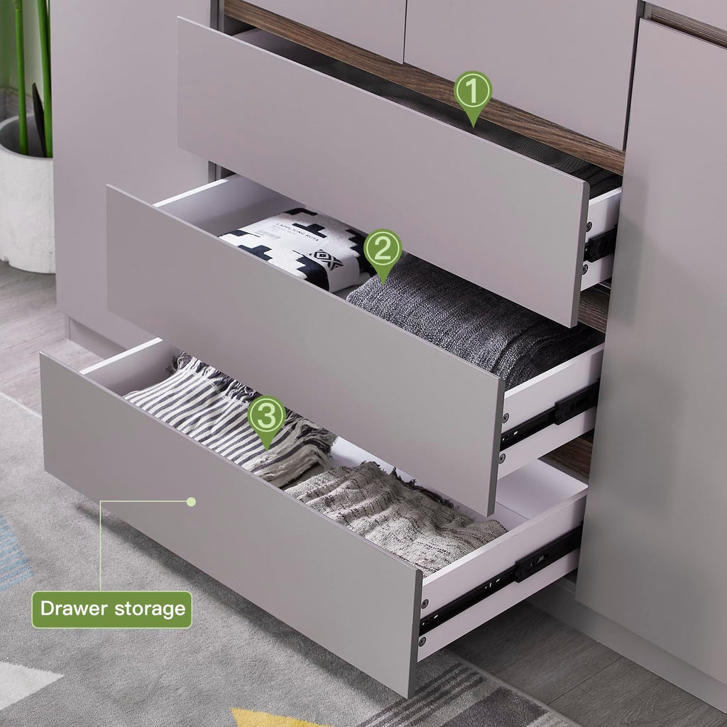 Wooden Armoire Wardrobe Closet, 4-Door 3 Drawers, Gray K556