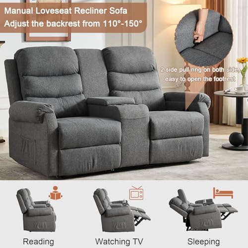 Reclining Loveseat Sofa with Storage Console and Cup Holders, Grey A7569