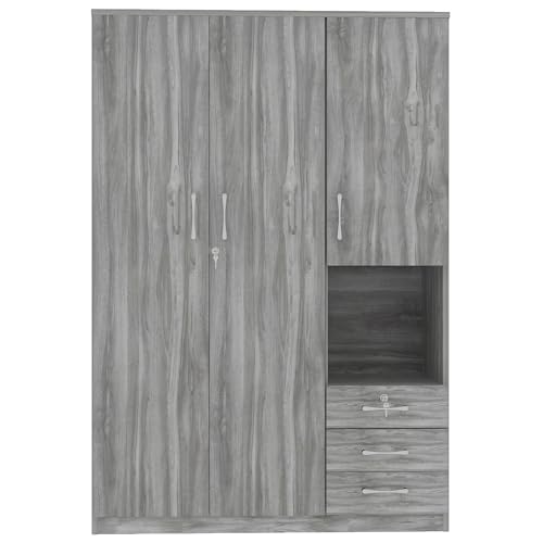 Wooden Wardrobe Closet Organizer with Drawers, Hanging Rail and Shelves, 3 Doors, Grey K181254
