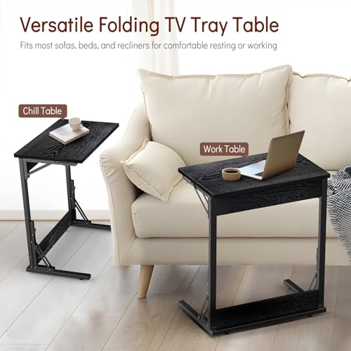 Folding C Shaped End Table for Sofa, Laptop Desk, TV Tray, Dark Black B7070