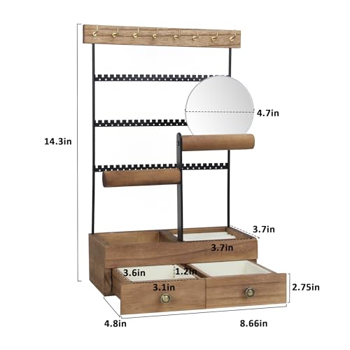 Jewelry Holder Organizer with Mirror, 9 Hooks and 2 Drawers U4195