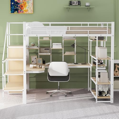 Full Size Metal Loft Bed with Storage Staircase and Small Wardrobe, Built-in Desk and Storage Shelves loft bed with desk and storage (Black)