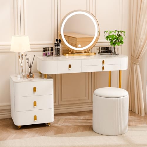 Makeup Vanity Set,Desk with Mirror and Lights,6 Large Capacity Wood Drawers and Soft Petal Chair,Dressing Table with Movable Bedside Table Deal Gift for Her,for Bedroom (39"-White)