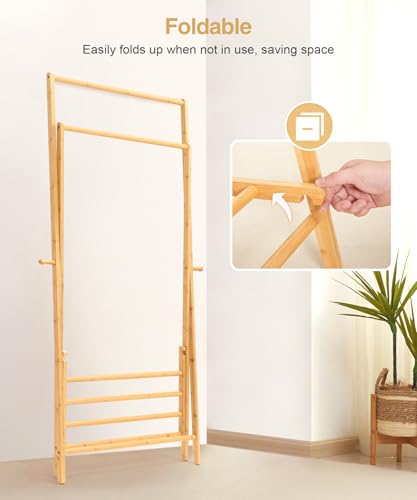 Bamboo Clothes Rack with Storage Shelf, Foldable Garment Rack V713923