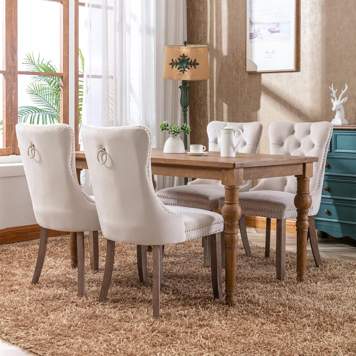 Tufted Velvet Upholstered Dining Chair with Wood Legs, 2-Piece Set, Beige X389