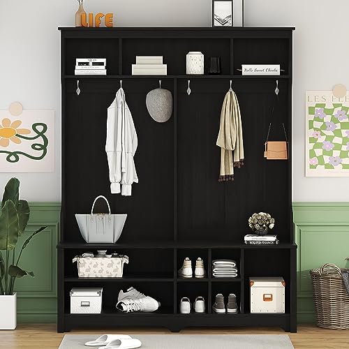 Hall Tree with Storage Bench, 60 Inch Wooden Mudroom Bench E902790