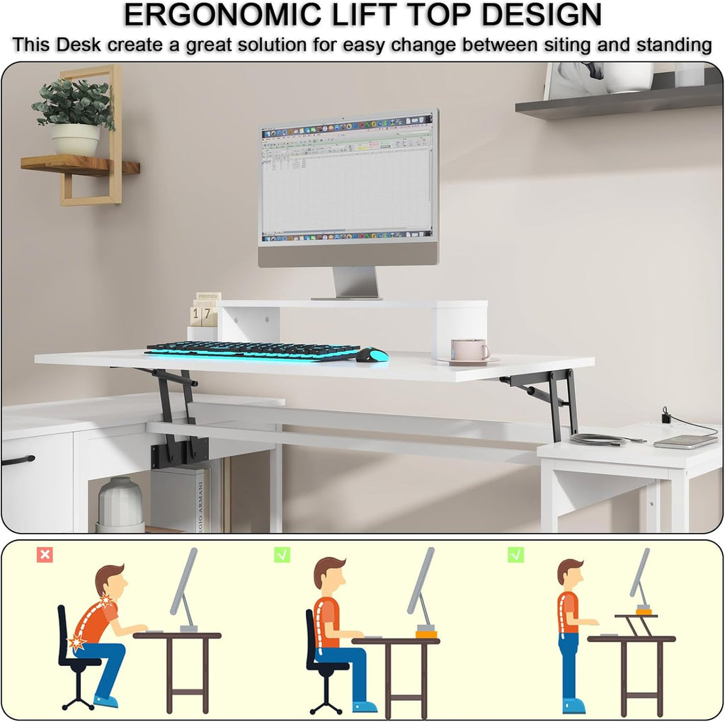 L Shaped Computer Desk with Lift Top, Power Outlets and Drawers Q139572
