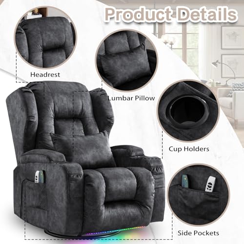 Swivel Recliner Chair with Massage & Heat, USB Port, Grey H61631