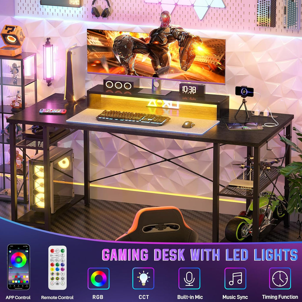 Gaming Desk with LED Lights and Power Outlet H920899