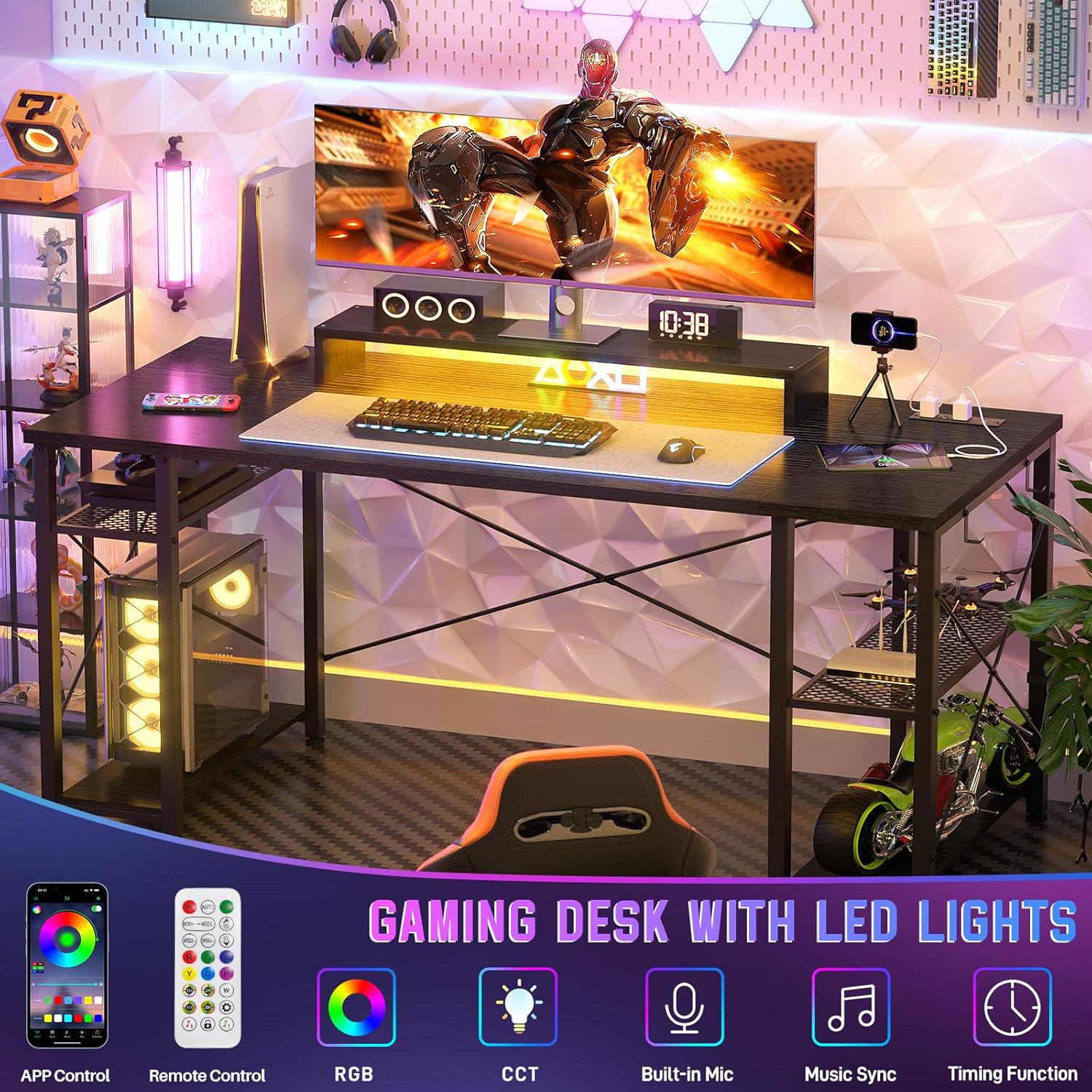 Gaming Desk with LED Lights and Power Outlet H920899