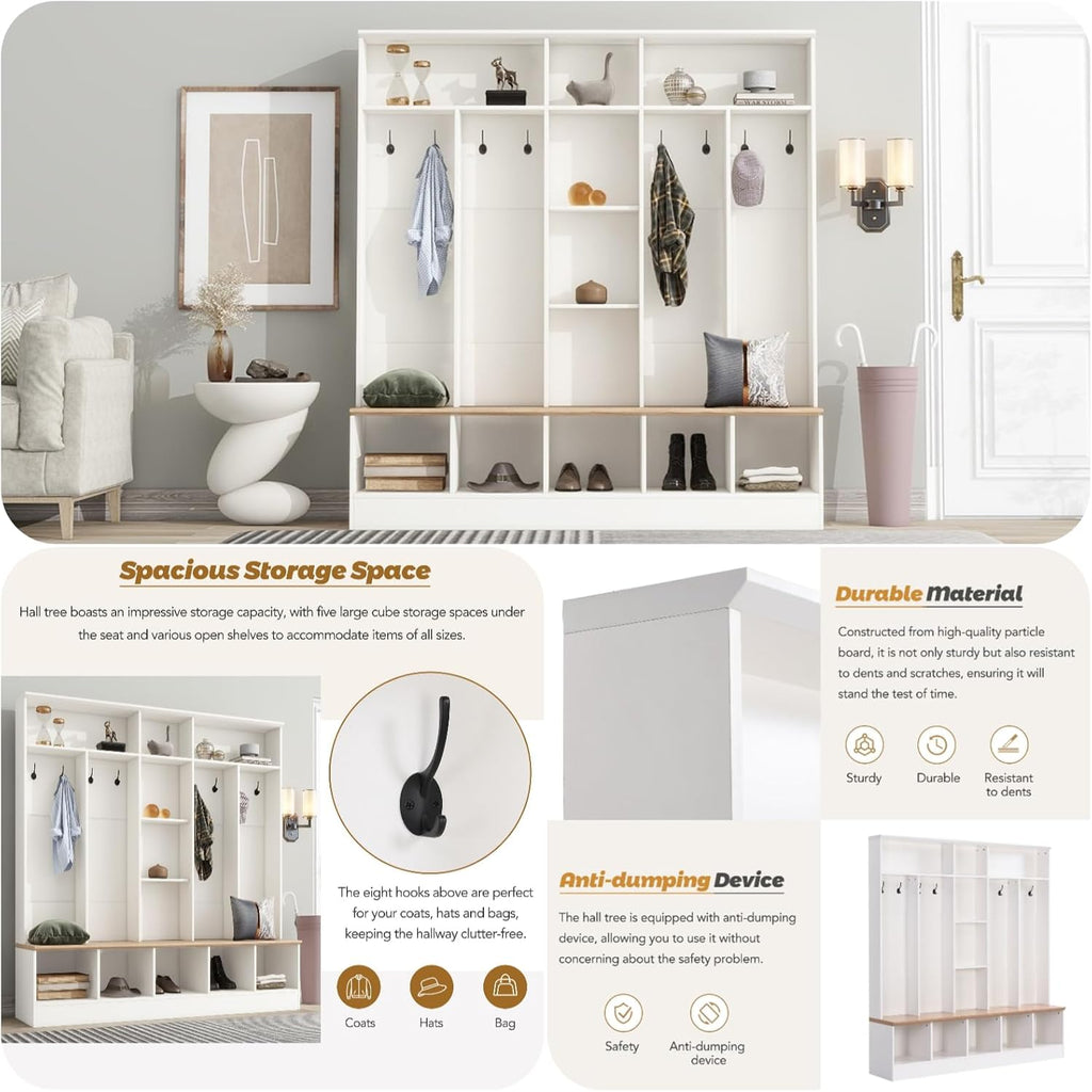 Coat Rack with 8 Hooks and Storage Bench T954674