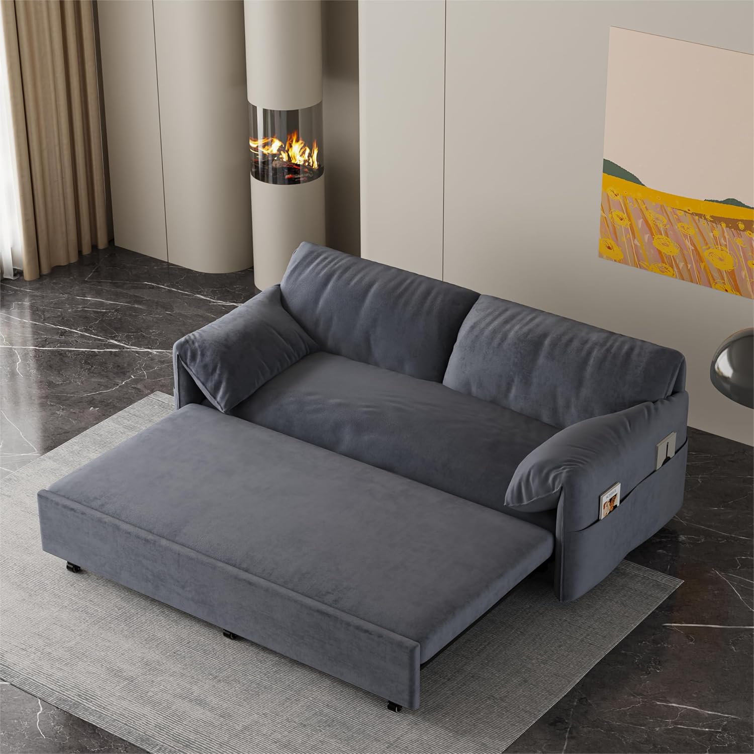 Queen Pull Out Sofa Bed 3-in-1 Convertible Sleeper with 2 Pillows, Velvet Loveseat, Grey J633351