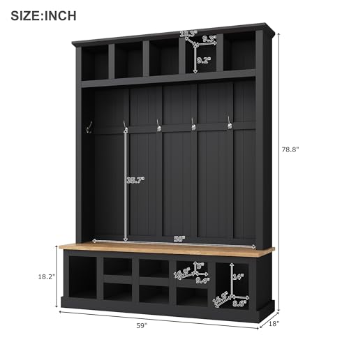 Wide Entryway Hall Tree with Storage Bench and Coat Rack, Black Q955087