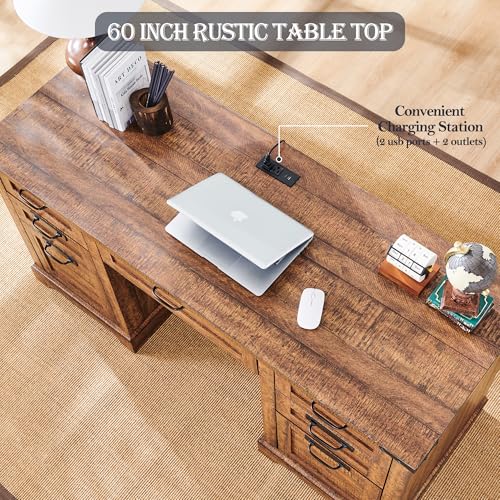 60" Farmhouse Executive Desk with Drawers, Charging Station, Keyboard Tray, File Drawer, Storage Cabinet P5608
