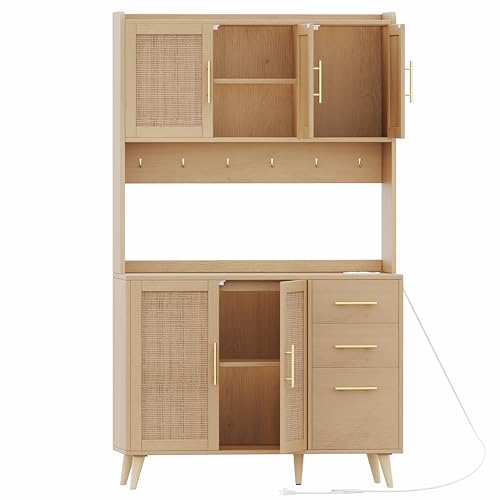 70.9" Kitchen Pantry Cabinet with Microwave Shelf, Rattan Hutch with Charging Station, Tall Floor Cupboard with Drawers and Doors, Black and Natural E348