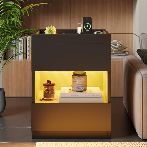 Set of 2 Nightstands with Charging Station and LED Lights, Glass Top Bedside Tables U913