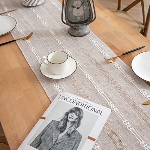 Rustic Linen Table Runner Striped Embroidered Boho 90 Inches Long Handmade Woven Tassel K657410