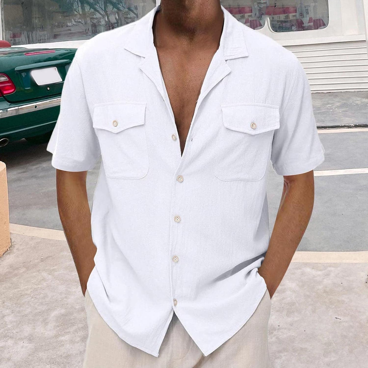 Men's Cotton Linen Guayabera Shirts Short Sleeve Casual Summer Beach Shirt M273197