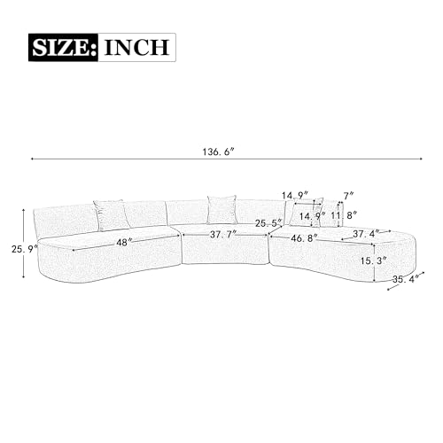 Curved Chenille Sectional Sofa with Three Throw Pillows, Grey I1781