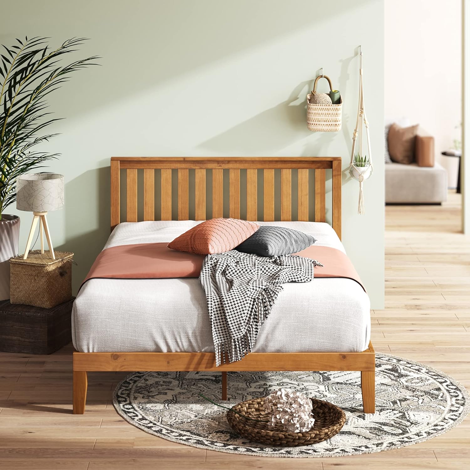 Wood Platform Bed Frame with Headboard, Solid Wood Slat Support, Twin P422