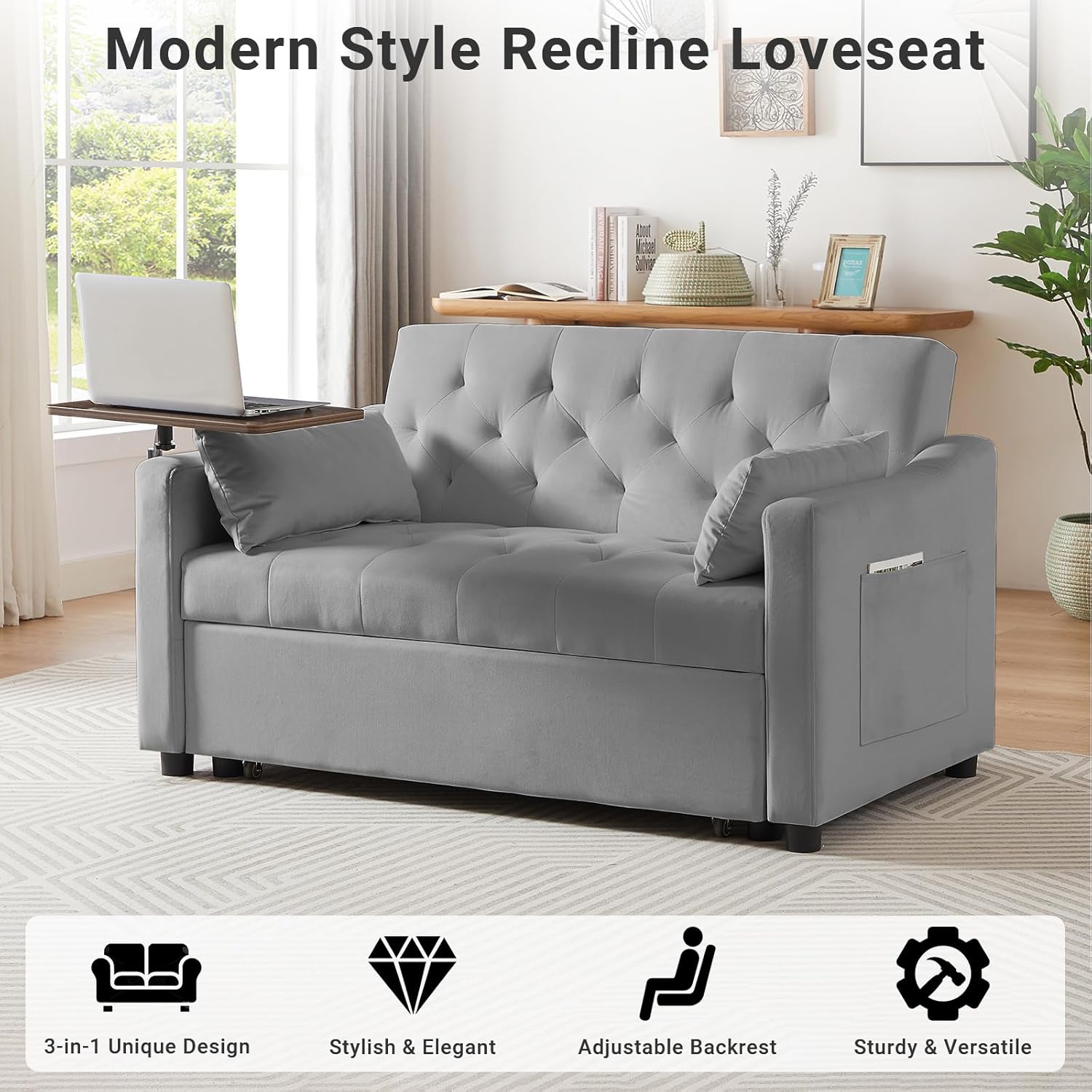 3-in-1 Convertible Sofa Bed with Adjustable Backrest and Storage, Gray V695
