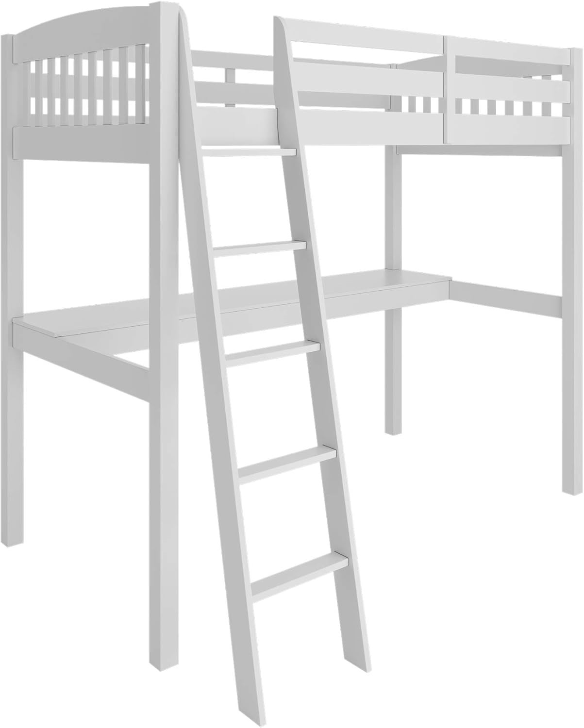 White High Loft Bed with Desk and Storage, Solid Wood Twin Size Frame with Stairs for Kids Q3817