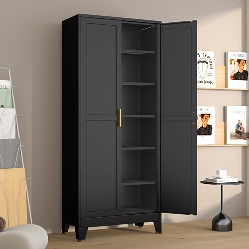 Metal Pantry Cabinet with 2 Doors and 5 Adjustable Shelves, 75" Kitchen Storage cabinets with Gold Handles, Versatile Storage for Laundry Room, Living Room, Bathroom, Dinning Room, Utility Room-White
