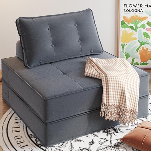 Folding Sofa Bed with Back Support, Large Convertible Sleeper Chair Floor Couch with Pillow, Foldable Mattress Portable Chair Bed Floor Sofa Lounge for Living Room Bedroom Apartment (Beige)