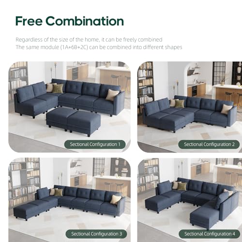 Modular Sectional Sofa with Chaise, 8 Seater Reversible L Shaped Couch, Denim Blue H471