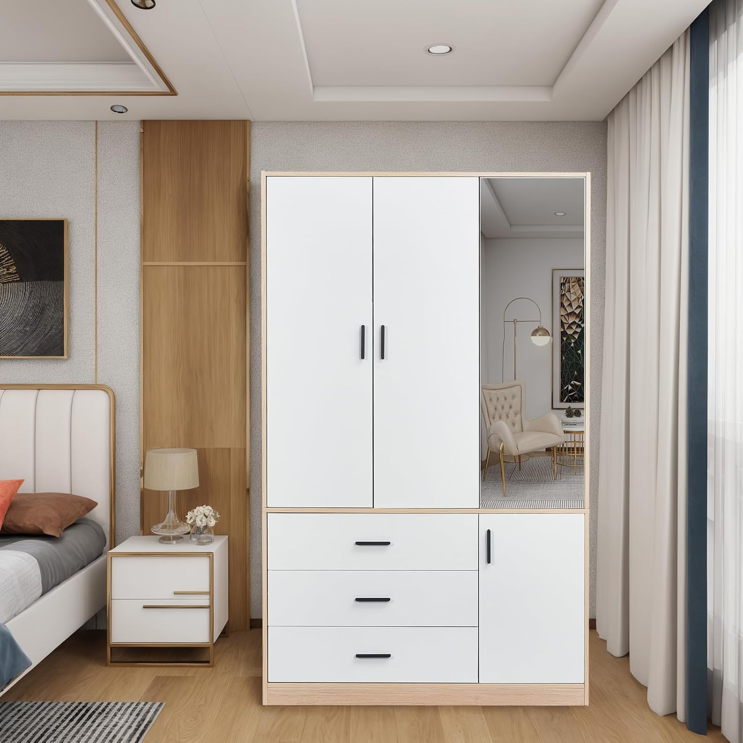 Wardrobe Closet with 3 Drawers, 2 Doors and Mirror K6817
