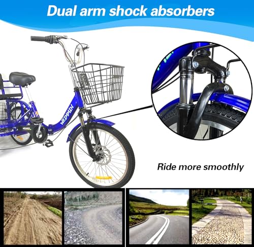 Adult Tricycle 7 Speed, 20 Inch 3 Wheel Folding Bike with Front & Rear Basket S591335
