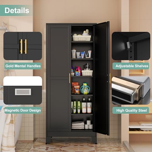 Metal Pantry Cabinet with 2 Doors and 5 Adjustable Shelves, 75" Kitchen Storage, White K306