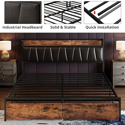 Full Size Bed Frame with Storage Headboard and Drawers, No Box Spring Needed C521