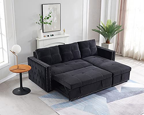 Black Sectional Sofa with Storage Chaise, L-Shaped Sleeper Sofa Bed L629
