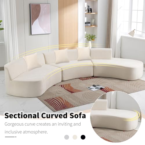 Curved Chenille Sectional Sofa with Three Throw Pillows, Beige G426741