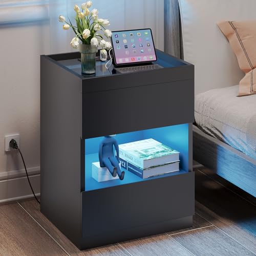 Set of 2 Nightstands with Charging Station and LED Lights, Glass Top Bedside Tables U913