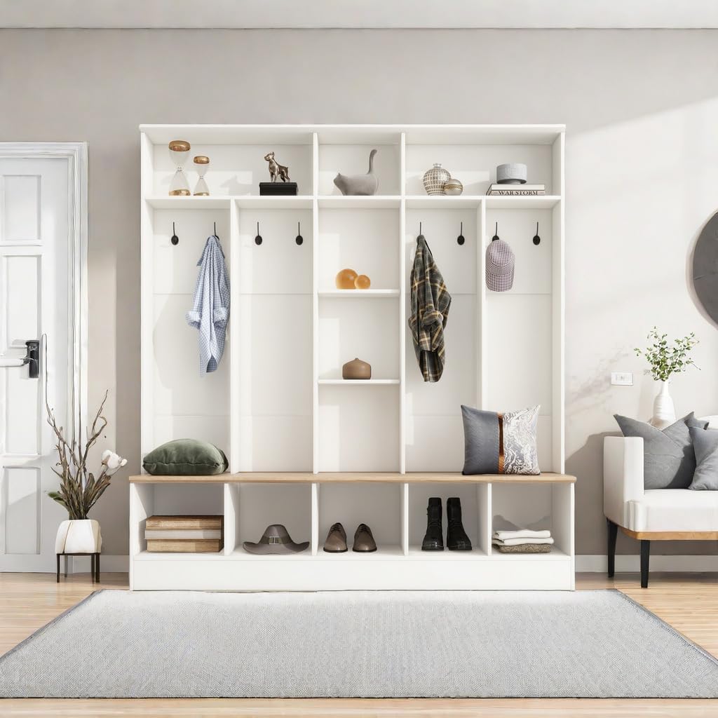 Coat Rack with 8 Hooks and Storage Bench T954674