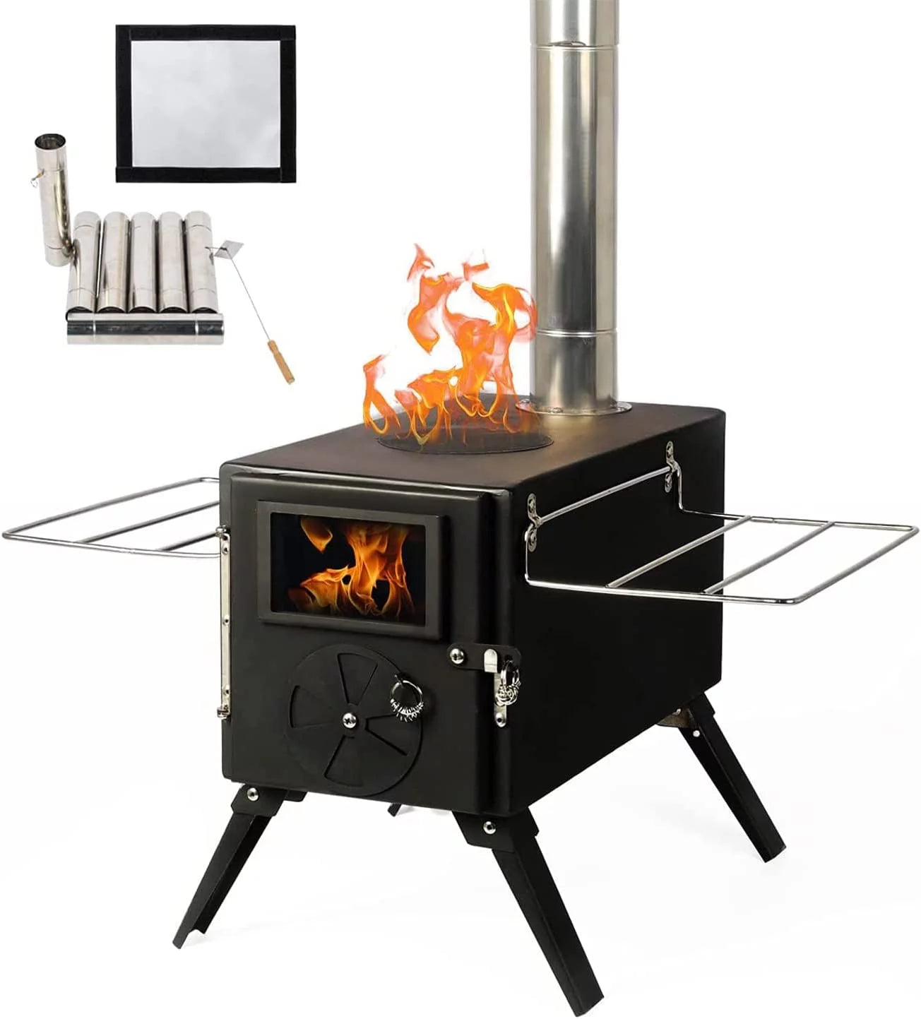 Coewske Camping Stove Portable Steel Hot Tent Stove with Pipe for Outdoor Cooking Trips, Black