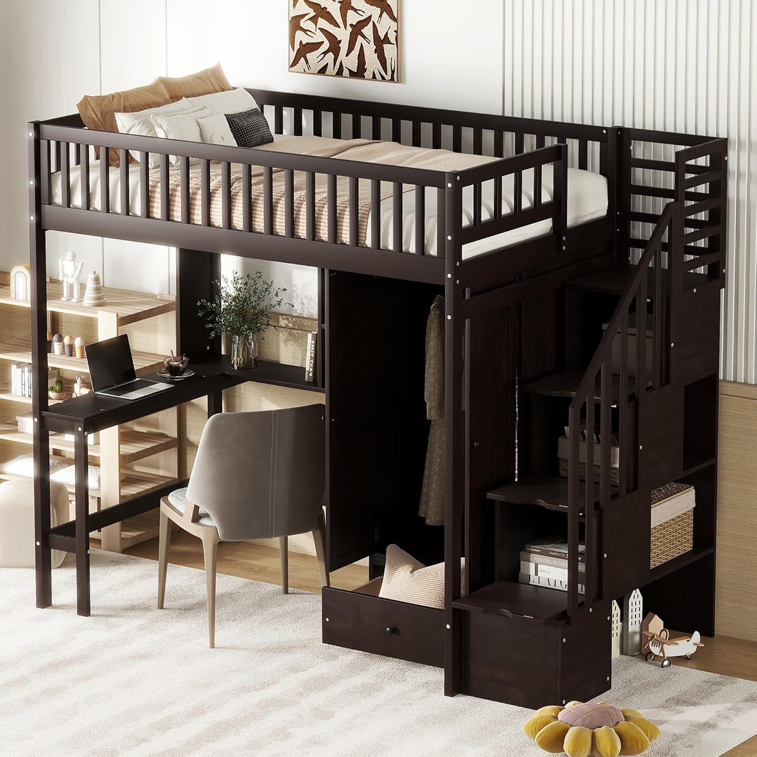 Twin Size Loft Bed with Stairs, Desk, Bookshelf, Drawers and Wardrobe, Solid Wood Frame Q2518